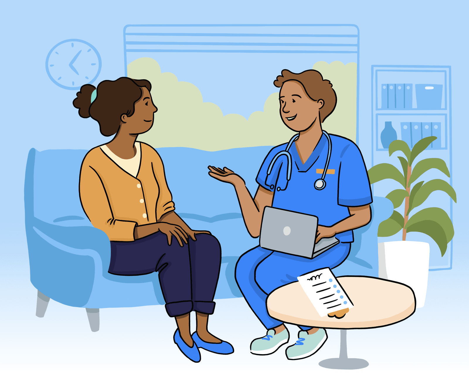 A patient talking with a nurse practitioner in a clinic room A patient talking with a nurse practitioner in a clinic room